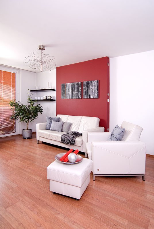 Małe mieszkanie,Realizacje projektów,małe mieszkanie,minimalizm, nowoczesne, biała kanapa i fotel skórzany na tle czerwonej ściany,Małe mieszkanie dla rodziny