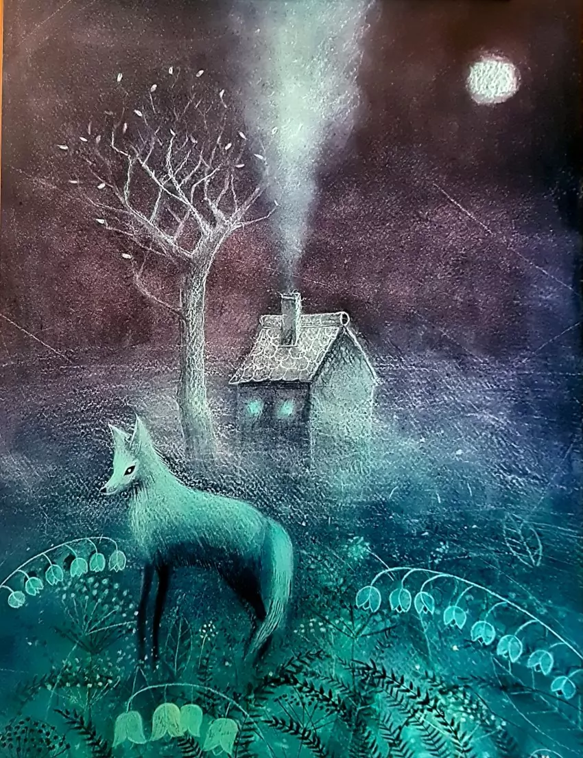 Targi Gift&Deco, www.joannakrzepinaart.com, obraz, plakat, mroczny obraz z wilkiem za nim dom, z komina ulatuje dym, obok domu uschnięte drzewo, panuje noc