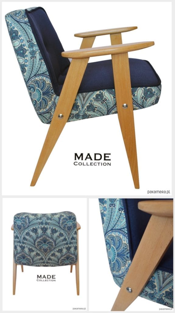 Meble PRL, łączenie starych mebli z nowymi, Styl PRL we wnętrzach, Jak połączyć antyki z nowoczesnym wnętrzem, fotel Chierowski 366, stary fotel, niebieski fotel, tkanina obiciowa, niebieska tkanina tapicerska, na zdjęciu fotel chierowskiego model 366 odrestaurowany w niebieskiej tkaninie