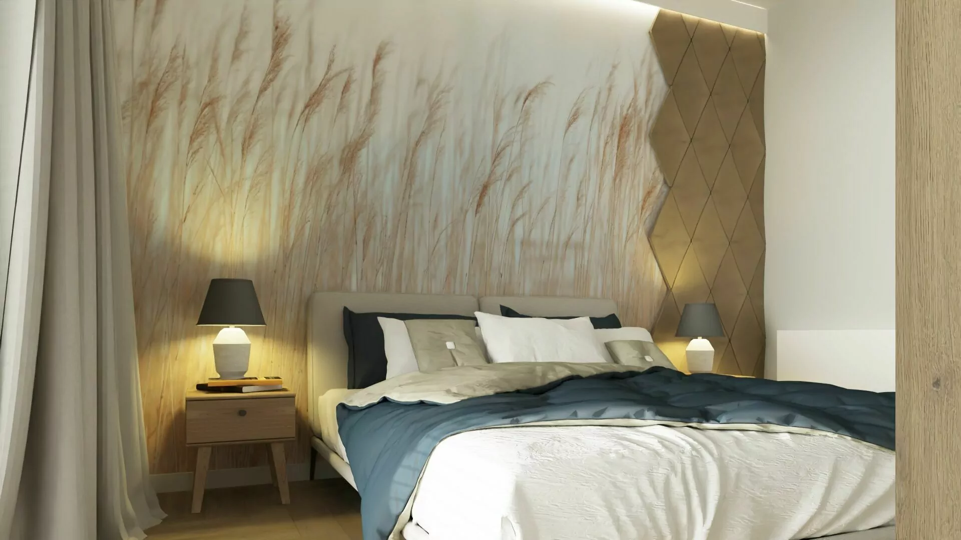 Sypialnia z tapetą Swaying Wheat od firmy RABEL WALLS