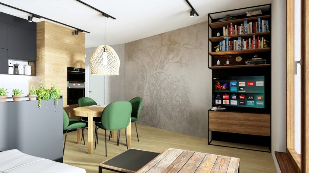 Male-mieszkanie-salon-machinasnu.pl Małe mieszkanie projekt, salon w kawalerce, lekkie meble, meble na konstrukcji metalowej, metalowe meble, meble płyta Swiss Krono, zielone krzesła przy stole drewniany stolik kawowy