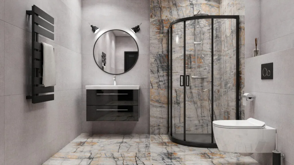 Aranżacja nowoczesnej łazienki z płytami Azario Blustone domni