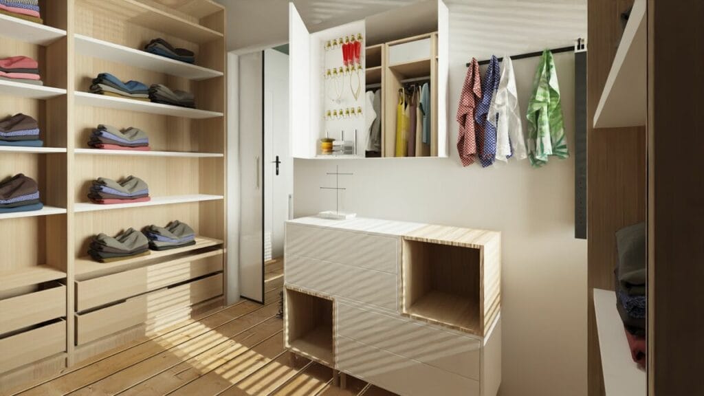 Aranżacja mieszkania w bloku garderoba z lustrem- Warszawa