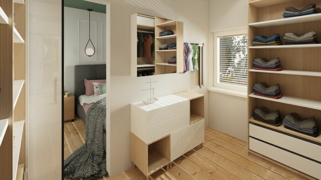 Nowoczesne mieszkanie w bloku garderoba z oknem- Warszawa