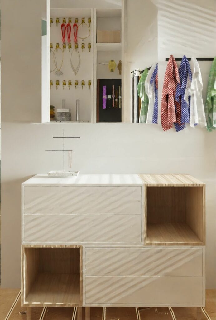 Projekt mieszkania w bloku mała komoda w garderobie- Warszawa