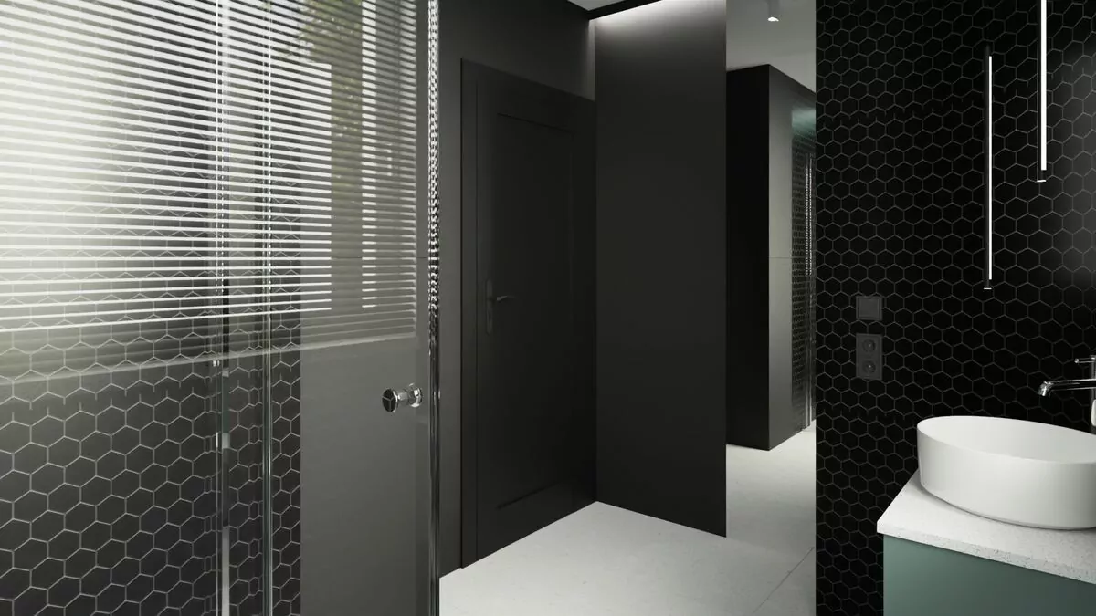 Projekt małej łazienki z prysznicem- drzwi wejściowe
