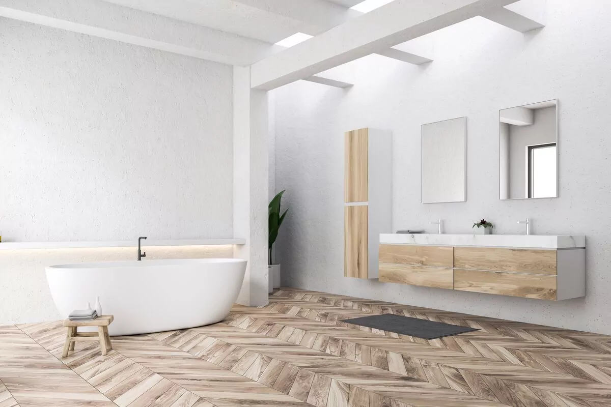 Łazienka skandynawska- płytki na podłogę imitujące drewno