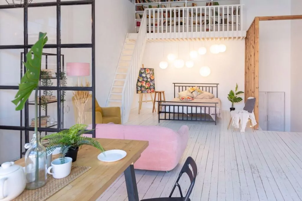 styl loft salon z sypialnia kuchnia