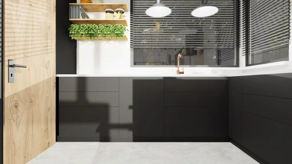 Nowoczesny salon z kuchnią z szafkami- Warszawa Wilanów